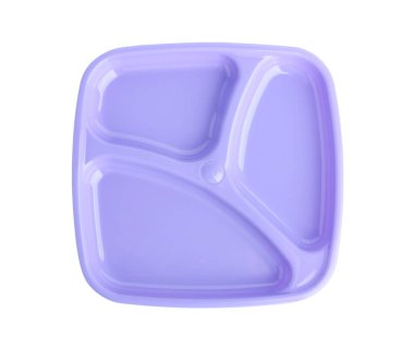 Mor plastik bölme plakası beyaza izole edilmiş, üst manzara. Bebek maması servisi.