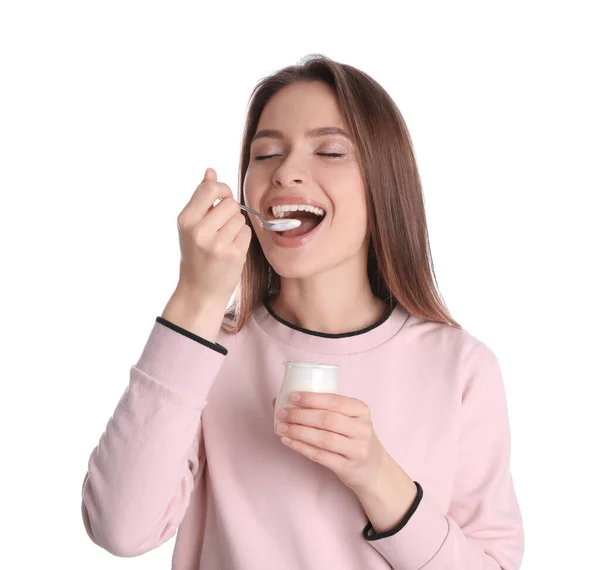 Young Attractive Woman Eating Tasty Yogurt White Background — Stock Photo, Image