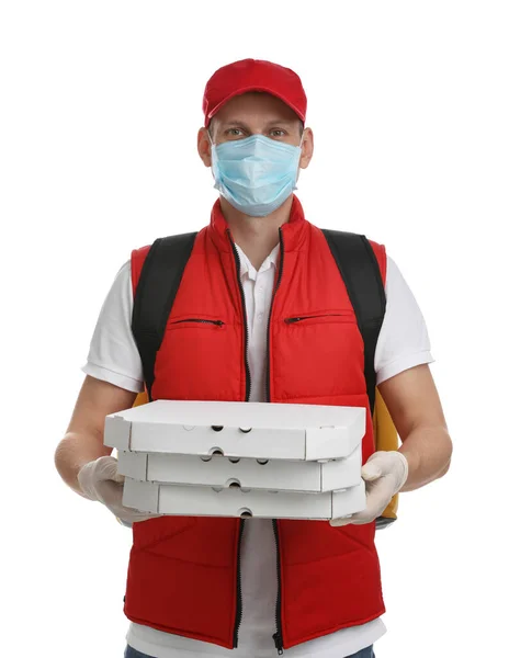 Mensajero Máscara Protectora Guantes Sosteniendo Cajas Pizza Sobre Fondo Blanco — Foto de Stock