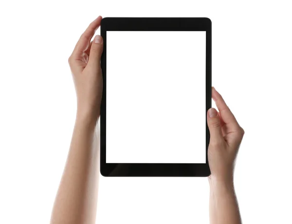 Frau Mit Tablet Computer Mit Leerem Bildschirm Auf Weißem Hintergrund — Stockfoto