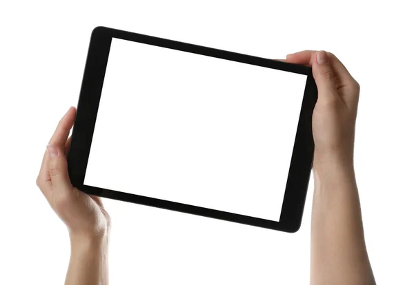 Donna Che Tiene Computer Tablet Con Schermo Bianco Sfondo Bianco — Foto Stock