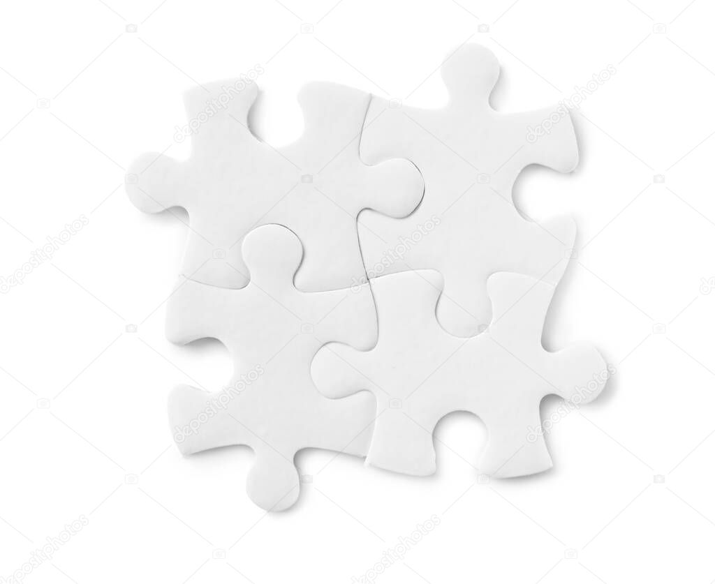 Blank puzzle pieces isolated on white, top view