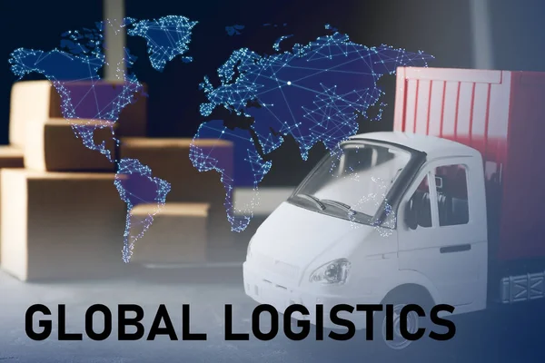 Παγκόσμια Ιδέα Logistics Φορτηγό Κουτιά Και Παγκόσμιο Χάρτη — Φωτογραφία Αρχείου