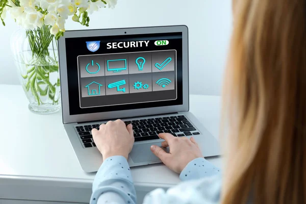 Woman Using Home Security App Indoors Closeup — Stock Photo, Image