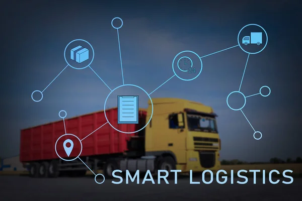 Smart Logistikkoncept Lastbil Landsväg Och System Med Ikoner — Stockfoto