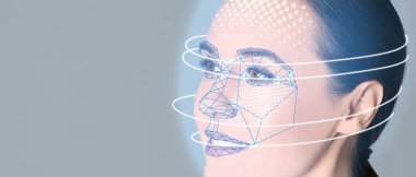 Yüz tanıma sistemi. Gri arkaplanda dijital biyometrik ızgaraya sahip olgun bir kadın