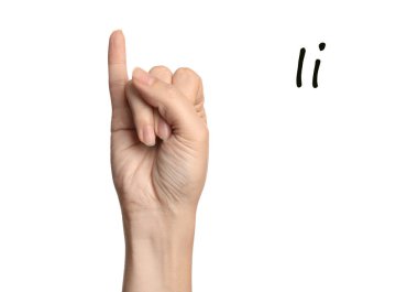 Woman showing letter I on white background, closeup. Sign language clipart