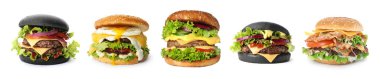 Beyaz arka planda değişik lezzetli hamburgerler. Pankart tasarımı 