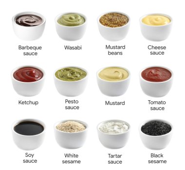 Set of different delicious sauces and condiments on white background clipart