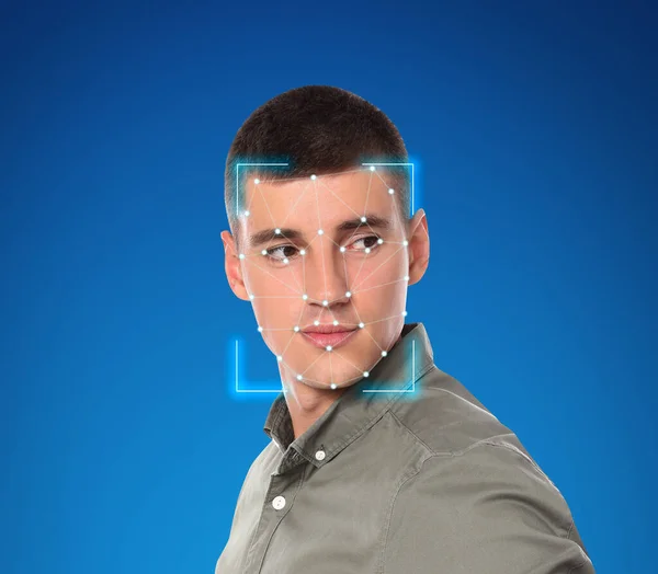 Sistema Reconhecimento Facial Jovem Com Quadro Scanner Grade Biométrica Digital — Fotografia de Stock