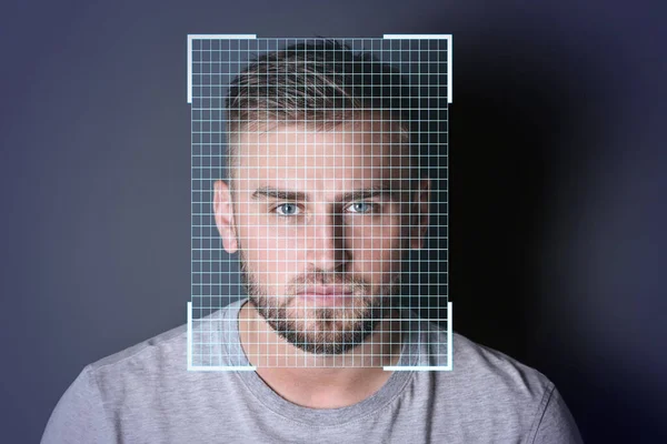 Facial Recognition System Young Man Scanner Frame Digital Grid Dark — Stock Photo, Image