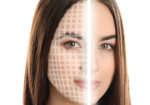 Facial Recognition System Woman Digital Biometric Grid White Background Closeup — Stock Photo, Image