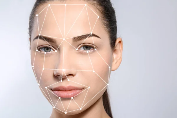 Sistem Pengenalan Wajah Wanita Dengan Kisi Biometrik Digital Pada Latar — Stok Foto