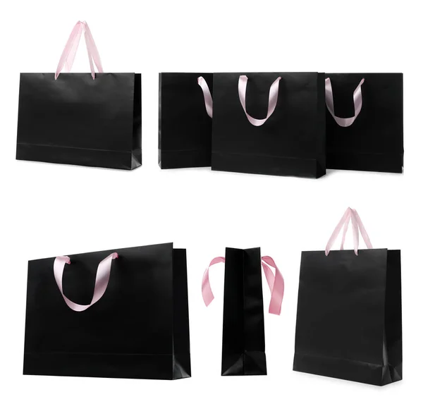 Set Black Paper Shopping Bags White Background — Stock Photo, Image