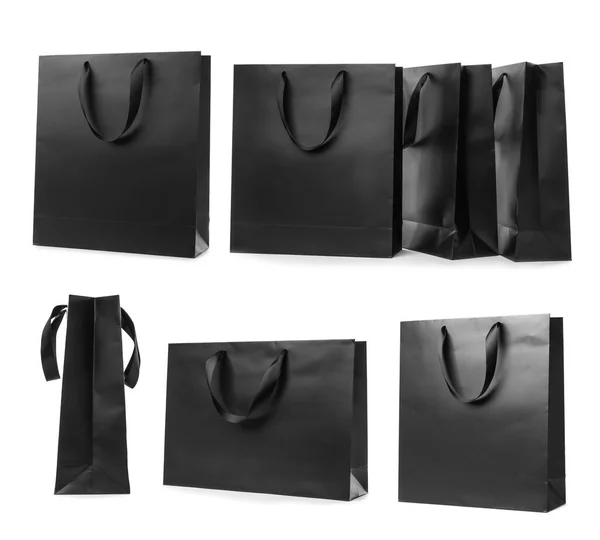 Set Met Zwarte Papieren Boodschappentassen Witte Achtergrond — Stockfoto