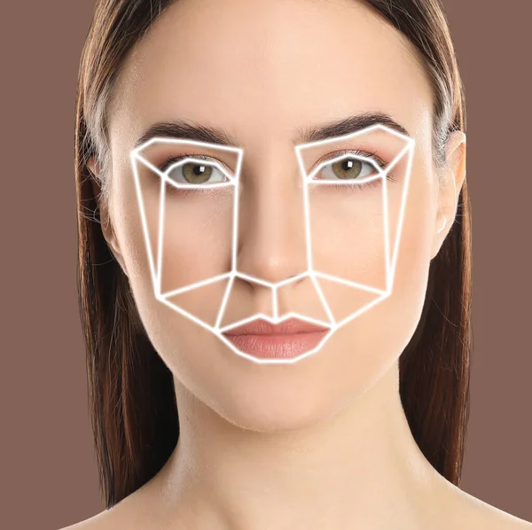 Sistema Reconocimiento Facial Mujer Con Rejilla Biométrica Digital Sobre Fondo —  Fotos de Stock