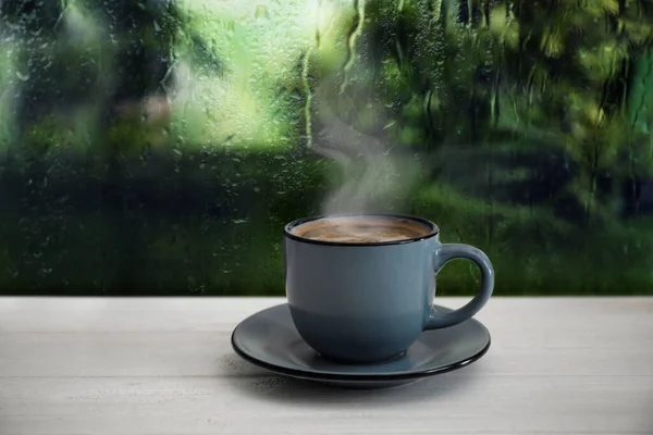 Cup Hot Drink Window Rainy Day — 스톡 사진