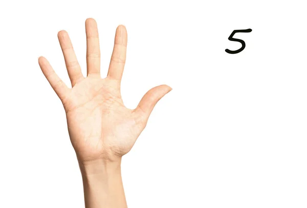 Frau Mit Nummer Fünf Auf Weißem Hintergrund Nahaufnahme Zeichensprache — Stockfoto