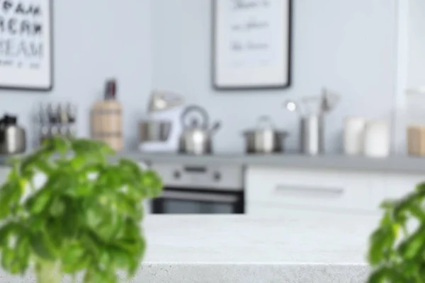 Table Lumineuse Avec Plantes Dans Intérieur Cuisine Moderne — Photo