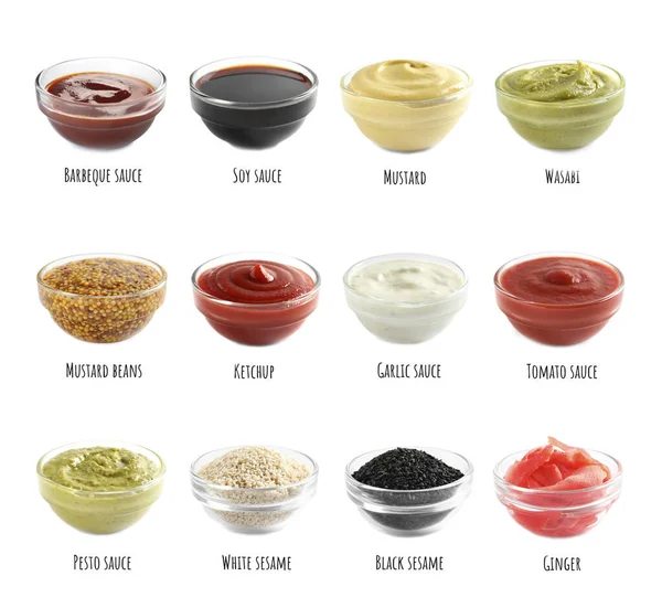 Ensemble Différentes Délicieuses Sauces Condiments Sur Fond Blanc — Photo