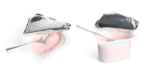 Delicious Natural Yogurt Plastic Cups White Background — Stock Photo, Image