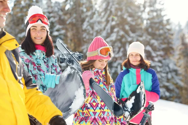 Groep Vrienden Met Materiaal Besneeuwde Bergen Wintervakantie — Stockfoto