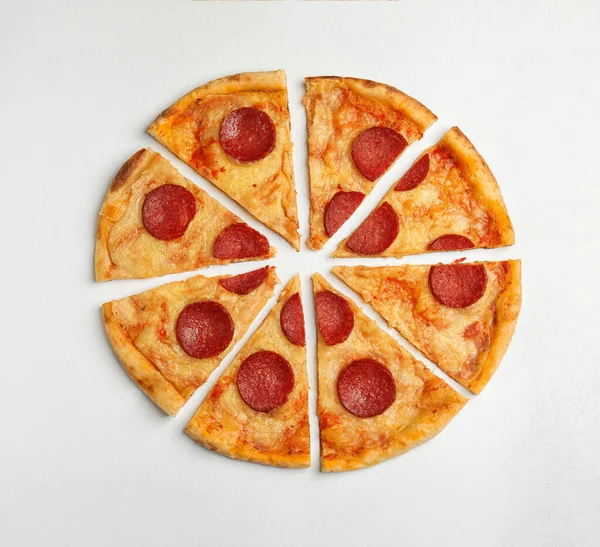 Tasty Pepperoni Pizza White Table Flat Lay — Stock Photo, Image