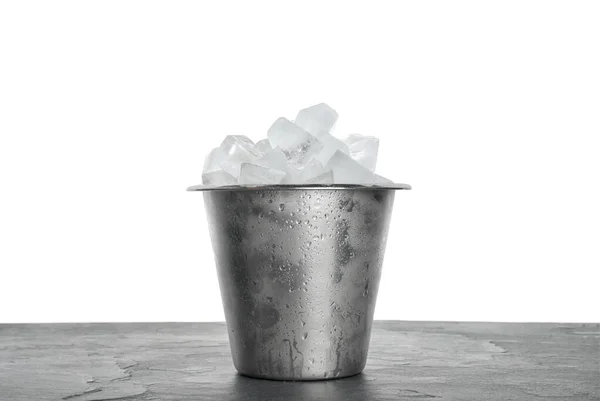 Metal Bucket Ice Cubes Table White Background — Stock Photo, Image