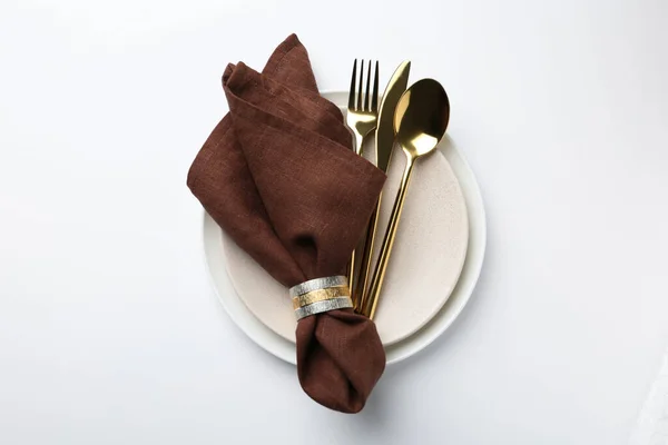 Stylish Elegant Cutlery Napkin Plate White Background Top View — Stock Photo, Image