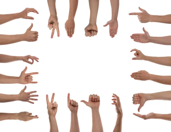 Collage Man Showing Different Gestures White Background Closeup View Hands — Stock Photo, Image