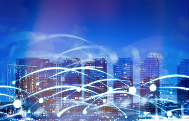 Güzel şehir manzarası ve ağ bağlantı çizgileri 