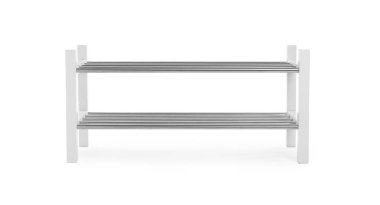 Boş tahta ayakkabı rafı beyaza izole edilmiş.