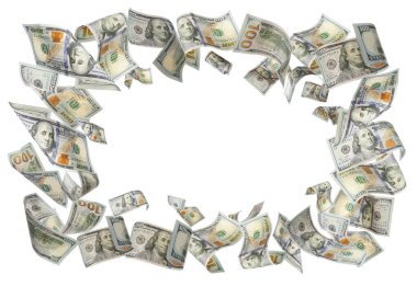 Beyaz arka planda paradan yapılmış çerçeve, mesaj için boşluk. Para birimi değişimi