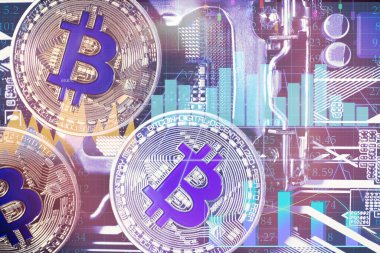 Bilgisayar devre kartındaki altın ve gümüş bitcoin 'ler düz konumda.