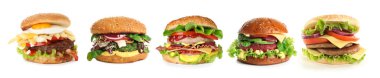 Beyaz arka planda değişik lezzetli hamburgerler. Pankart tasarımı 
