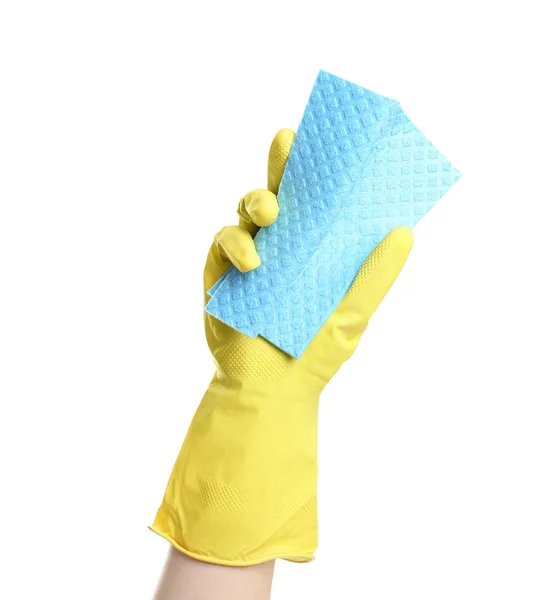 Человек Резиновой Перчатке Тряпкой Белом Фоне Крупным Планом Руки — стоковое фото