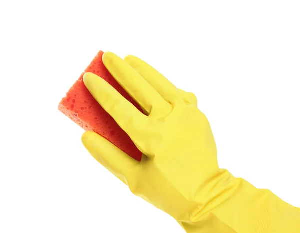 Person Rubber Glove Sponge White Background Closeup Hand — Stock Photo, Image