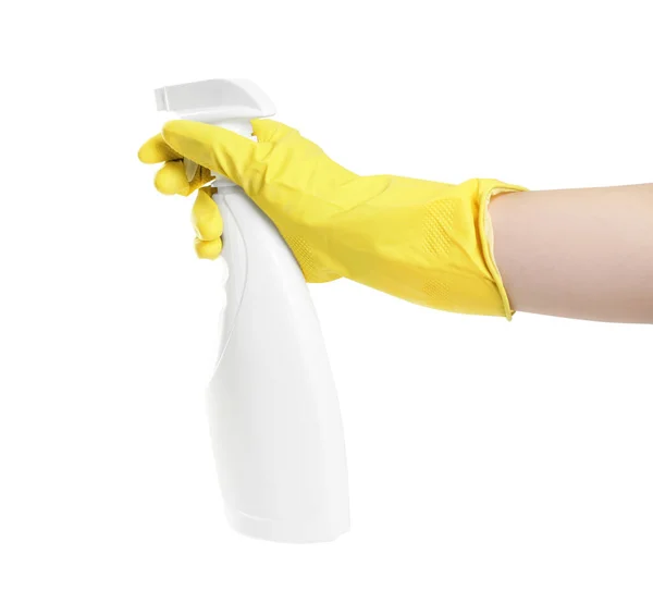 Pessoa Luva Borracha Com Spray Detergente Fundo Branco Close Mão — Fotografia de Stock