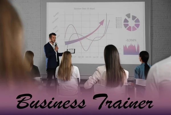 Professional Business Trainer Giving Lecture Conference Room Projection Screen — Stock Photo, Image