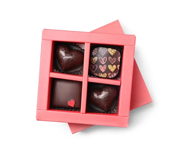 Schachtel Mit Leckeren Schokoladenbonbons Isoliert Auf Weiß Ansicht Von Oben — Stockfoto