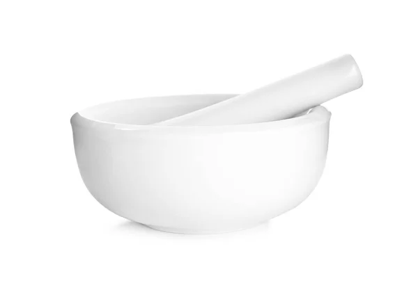 Nowa Ceramiczna Zaprawa Tłuczkiem Izolowanym Biało Przybory Kuchenne — Zdjęcie stockowe