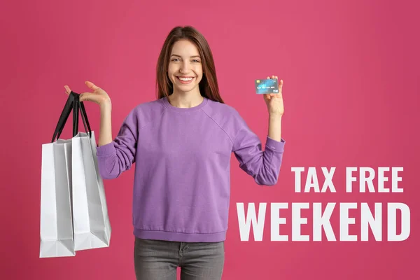 Boldog Bevásárló Táskák Szöveges Tax Free Weekend Rózsaszín Háttér — Stock Fotó