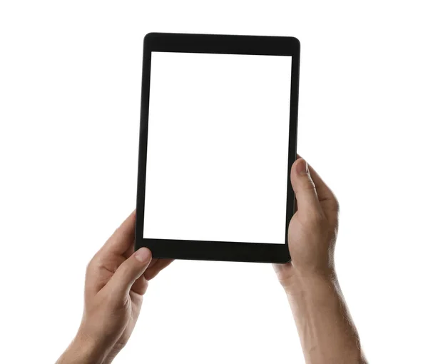 男人拿着平板电脑 白色背景上的空白屏幕 现代小玩意 — 图库照片