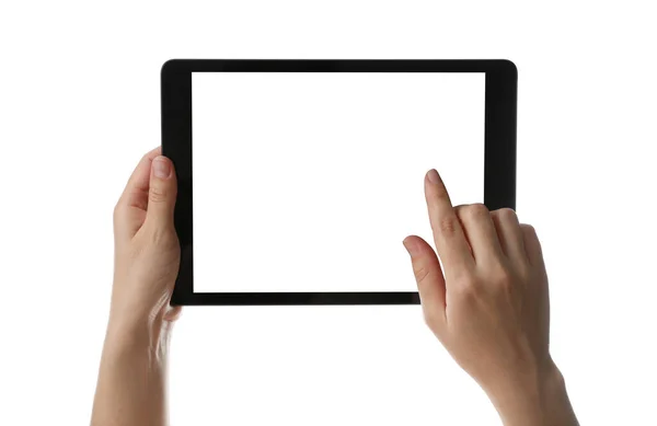 Woman Using Tablet Computer Blank Screen White Background Closeup Modern — Stock Photo, Image