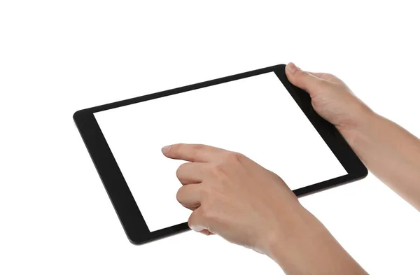 Woman Using Tablet Computer Blank Screen White Background Closeup Modern — Stock Photo, Image