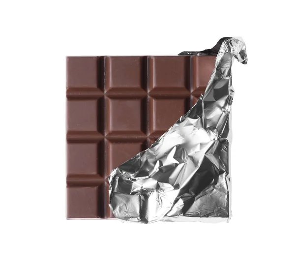 Finom Fehér Fóliába Csomagolt Tejcsokoládé Szelet — Stock Fotó
