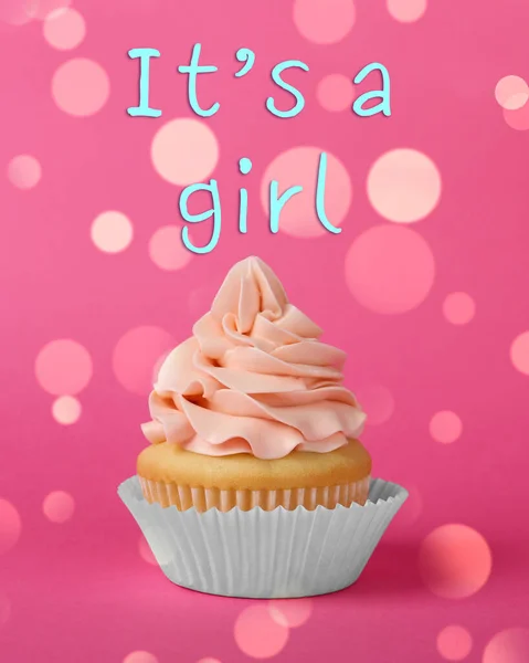 Bebé Ducha Cupcake Para Chica Sobre Fondo Rosa — Foto de Stock