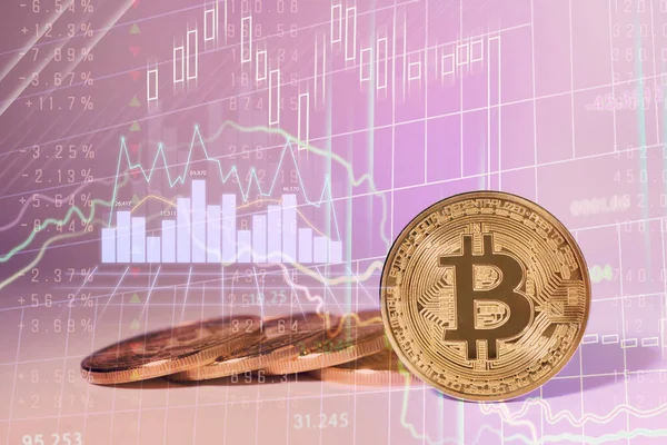Glänzende Bitcoins Auf Hellem Hintergrund Fintech Konzept — Stockfoto