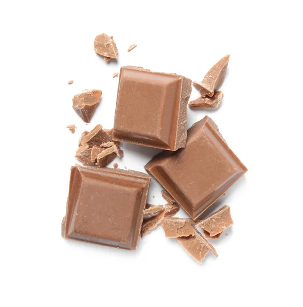 Trozos Delicioso Chocolate Con Leche Aislado Blanco Vista Superior —  Fotos de Stock