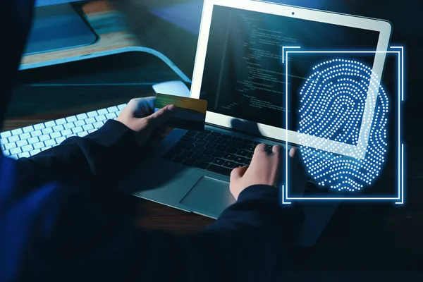 Identifikation Fingeraftrykket Mand Der Arbejder Med Laptop Ved Bordet Closeup - Stock-foto
